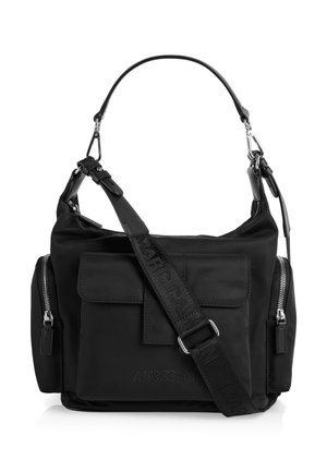 Black Marc Cain shoulder bag with front flap pocket, two side zip pockets, and adjustable fabric strap with brand name detail.