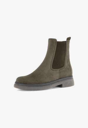 Olive green suede ankle boot with elastic side panels, rounded toe, and textured rubber sole. Features a pull tab for easy wear.
