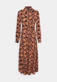 Robe à manches longues en tissu noir avec un motif floral dans les tons d'orange et de jaune, dotée d'un col et d'une taille cintrée.