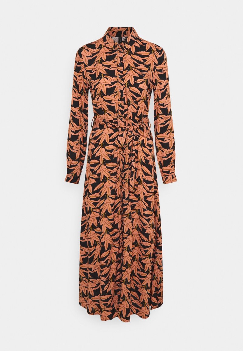 Robe à manches longues en tissu noir avec un motif floral dans les tons d'orange et de jaune, dotée d'un col et d'une taille cintrée.
