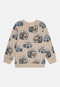 Felpa beige con una stampa ripetuta di veicoli di soccorso in blu e marrone. Collo rotondo, maniche lunghe e polsi a coste.