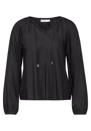 Black long-sleeve blouse with a V-neckline, gathered details at the shoulders, and a relaxed fit. Features drawstring with metal tips.