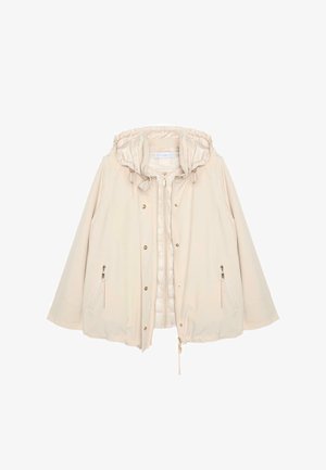 Lysebeige hættejakke med lynlås foran, trykknapper, to sidelommer med lynlås og justerbare snore i hætte og kant.