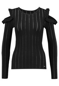 Top en maille noire à manches longues avec des rayures verticales ajourées et des découpes aux épaules avec des détails à volants sur chaque épaule.