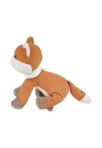 Plush fox toy with an orange corduroy body, white fur accents, gray paws, and a striped fabric collar. Positioned on its side.