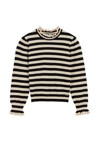 Pulover striped alb și negru, cu un guler rotund ribflat și margini volane la guler și la manșete. Textile din tricot moale.