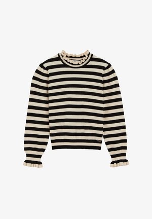 Fekete és krémcsíkos pulóver, bordázott kerek nyakkal és fodros szegéllyel a gallérnál és a mandzsettákon. Puha kötött anyag.