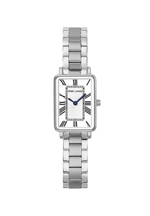 Srebrny metalowy zegarek na nadgarstek z prostokątną białą tarczą, czarnymi rzymskimi cyframi, niebieskimi wskazówkami godzinową i minutową oraz bransoletą z ogniw.