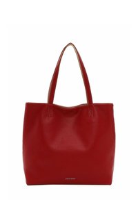 Sac cabas en cuir rouge avec double bandoulière et petit logo "Emily & Noah" près du centre inférieur.
