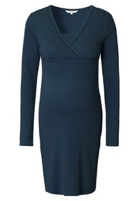 Mammaklänning i mörk teal, tillverkad av ribbat tyg, har en omslagsdesign och långa ärmar, med en figurnära silhuett och knälång fåll.