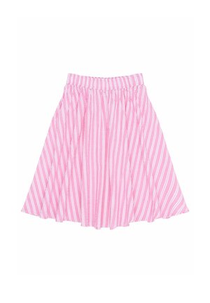 Ružová pruhovaná sukňa s elastickým pásom, s bielymi vertikálnymi pruhmi, rozšíreným dizajnom a ľahkým, splývavým materiálom.