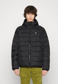 Black puffer jacket with a hood, featuring a zip front and horizontal stitching. Smooth texture with a small logo on the chest.