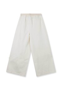 Pantalon blanc en coton à jambes larges, doté d'une texture douce, d'une taille élastique et d'une seule poche arrière pour plus de fonctionnalité.
