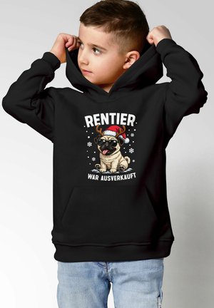 Schwarzer Hoodie mit einem Cartoon-Mops mit Geweih und Sonnenbrille, Text "RENTIER WAR AUSVERKAUFT" und Kängurutasche.