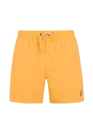 Pantaloncini da bagno giallo brillante con vita elastica e coulisse bianca con motivo, senza tasche o loghi visibili tranne un piccolo etichetta nera sul lato.