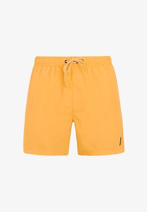 Bañador corto de color amarillo brillante con cintura elástica y cordón blanco con patrón, sin bolsillos visibles ni logotipos, salvo una pequeña etiqueta negra en el lateral.