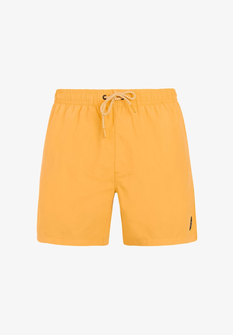 Bañador corto de color amarillo brillante con cintura elástica y cordón blanco con patrón, sin bolsillos visibles ni logotipos, salvo una pequeña etiqueta negra en el lateral.