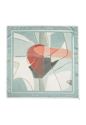 Foulard quadrato con forme astratte in tonalità rosse smorzate, grigie, verdi e bianche, caratterizzato da sottili linee nere e la scritta "Anekke" su un bordo verde chiaro.