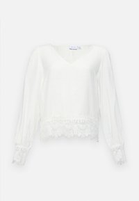Witte blouse met lange mouwen en een V-hals, voorzien van kant aan de onderkant en de manchetten, gemaakt van lichte stof met een soepele textuur.