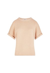 Maglione beige lavorato a maglia con maniche corte arrotolate, scollatura rotonda e motivo texturizzato, che offre un design leggero e confortevole.