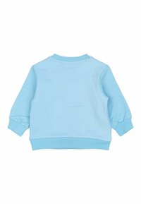 Gaiši zils sporta džemperis ar ribu aprocēm un apakšu. Mīksts kokvilnas materiāls, apaļa kakla izgriezuma dizains un nedaudz uzpūstas piedurknes.