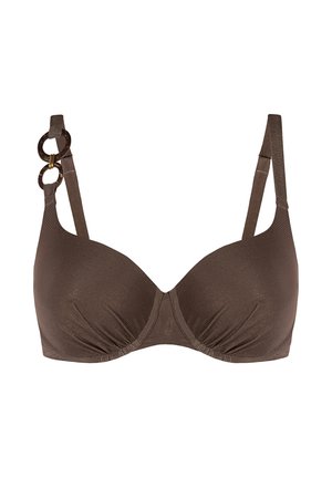 Brązowy żebrowany biustonosz z fiszbinami, z formowanymi miseczkami i regulowanymi ramiączkami, z dwoma ozdobnymi okrągłymi pierścieniami na jednym ramiączku.