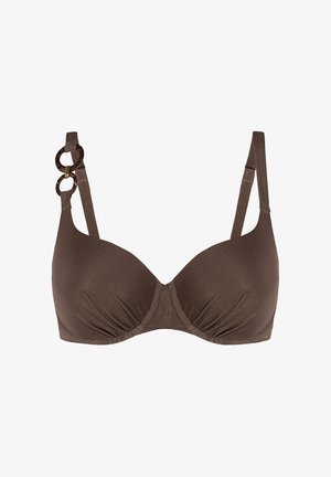 Brązowy żebrowany biustonosz z fiszbinami, z formowanymi miseczkami i regulowanymi ramiączkami, z dwoma ozdobnymi okrągłymi pierścieniami na jednym ramiączku.