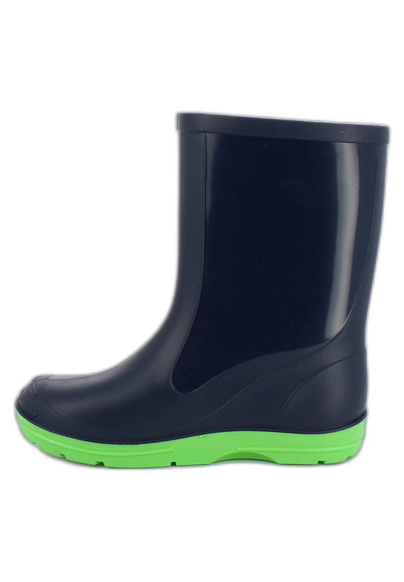 Botte de pluie en caoutchouc marine avec une texture lisse, semelle extérieure verte et bout arrondi. Design sans couture, tige de hauteur moyenne et sans éléments métalliques visibles.