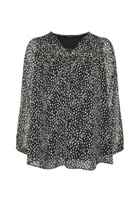 Blusa nera trasparente a maniche lunghe con motivo a pois bianchi irregolari, scollatura arricciata e piccolo dettaglio con nodo frontale.
