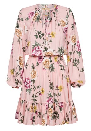 Lyserød blomstret langærmet kjole med indsnøret talje, flæset kant og nøglehul-halsudskæring med bindebånd.