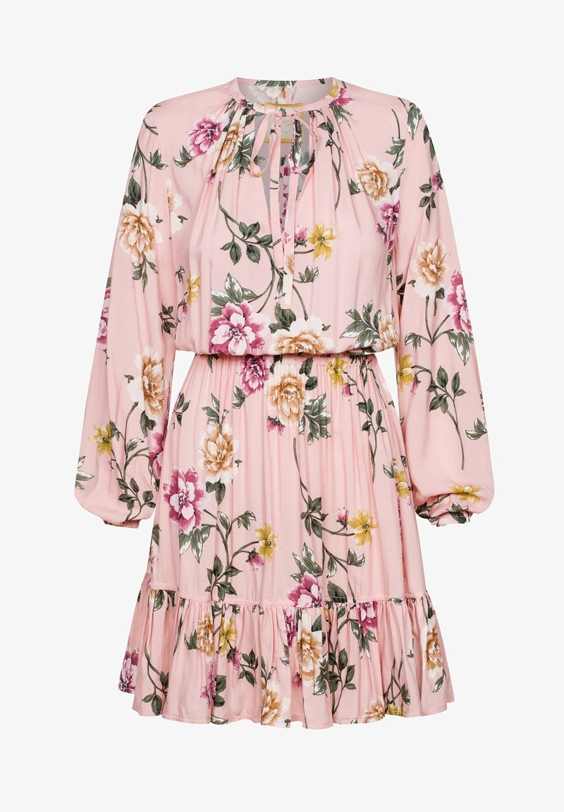 Robe longue à manches longues à fleurs roses avec taille cintrée, ourlet à volants et encolure goutte d'eau avec fermeture à nouer.