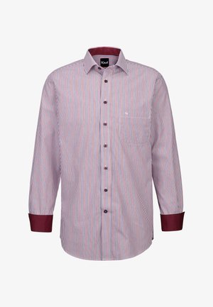 Gestreiftes Hemd in Rot, Weiß und Blau. Verfügt über lange Ärmel, eine Knopfleiste und einen weinroten Kragen. Tasche auf der linken Brust.