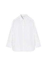 Camicia bianca a maniche lunghe realizzata in tessuto leggero, con colletto classico, chiusura con bottoni davanti e vestibilità rilassata con maniche a cuffia.