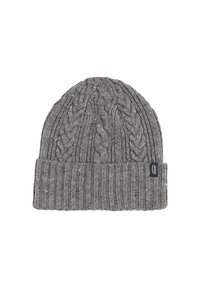 Bonnet en tricot gris avec un motif en cable, présentant un ourlet côtelé. Fabriqué en fil texturé, il possède une petite étiquette de marque sur le côté.
