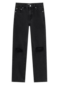 Jeans de mezclilla negra con corte recto, que presentan dos grandes roturas desgastadas en las rodillas, diseño clásico de cinco bolsillos y cierre con botón metálico.