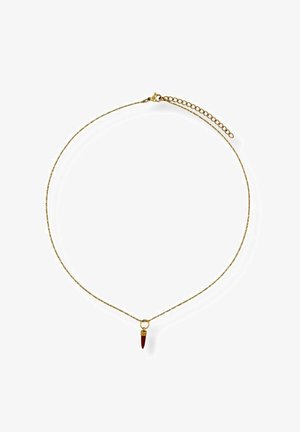 Feine goldene Halskette mit einem kleinen roten, hornförmigen Anhänger, der in der Mitte hängt, und einem verstellbaren Verschluss.