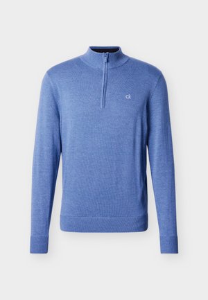 Meeste pikkade varrukatega sinine pool-zip kampsun, millel on soonikkoes krae, mansetid ja alumine äär, vasakul rinnal väike valge "ck" logo.