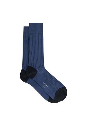 Marineblaue gerippte Socke mit schwarzen Zehen- und Fersenakzenten. Hergestellt aus einem glatten Stoff, mit einem Markenlabel auf einer Seite.