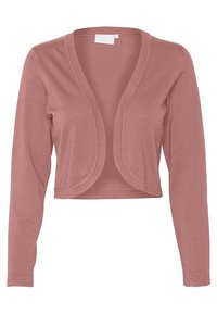 Cardigan court rose poudré avec manches longues et devant arrondi ouvert, fabriqué en tissu en maille fine.