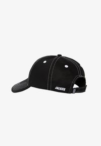 Black cap with white stitching, curved brim, and embroidered logo on the side. Features adjustable strap at the back and round ventilation holes.