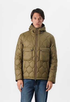 Olive green quilted puffer jacket with a hood, featuring two flap pockets and a front zipper. Material appears smooth and insulated.
