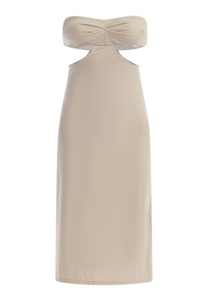 Strapless beige kjole med en snoet overdel, udskæringer i siderne og en lige kant. Fremstillet af glat, strækbart stof.