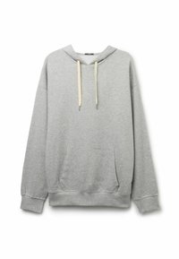 Grauer Sweatshirt mit Kapuze, Kordelzügen und einer vorderen Tasche. Hergestellt aus weichem Stoff, mit gerippten Bündchen und einem lässigen Schnitt.