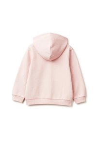 Felpa con cappuccio rosa chiaro, caratterizzata da una texture morbida, polsini e fondo a coste, dotata di un cappuccio sagomato e un design semplice e minimalista.
