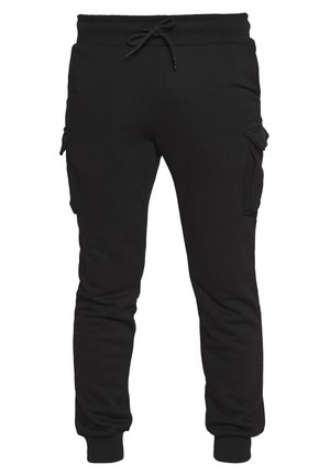 Black cargo jogger pants with elastic waistband, drawstring, side flap pockets, and ribbed ankle cuffs.
