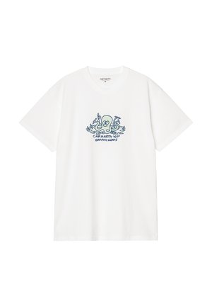 Camiseta blanca de manga corta con un pulpo de dibujos animados azul que sostiene pinceles y el texto "Carhartt WIP Graphic Works" en el centro delantero.