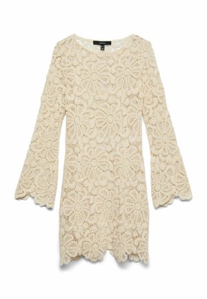 Robe en dentelle à manches longues couleur crème avec un motif floral au crochet et des bords en festons aux manches et à l'ourlet.