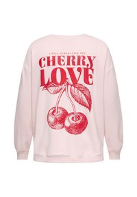 Ροζ ανοιχτό φούτερ με κόκκινο κείμενο "I will always pick you Cherry Love" και λεπτομερή εικονογράφηση δύο κερασιών με φύλλα.