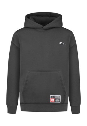 Grau sweatshirt mit Kapuze aus Baumwolle. Verfügt über eine Kängurutasche, gerippte Bündchen und ein Logo in Weiß. Enthält ein Etikett mit Text und Grafiken.