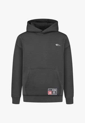 Grau sweatshirt mit Kapuze aus Baumwolle. Verfügt über eine Kängurutasche, gerippte Bündchen und ein Logo in Weiß. Enthält ein Etikett mit Text und Grafiken.